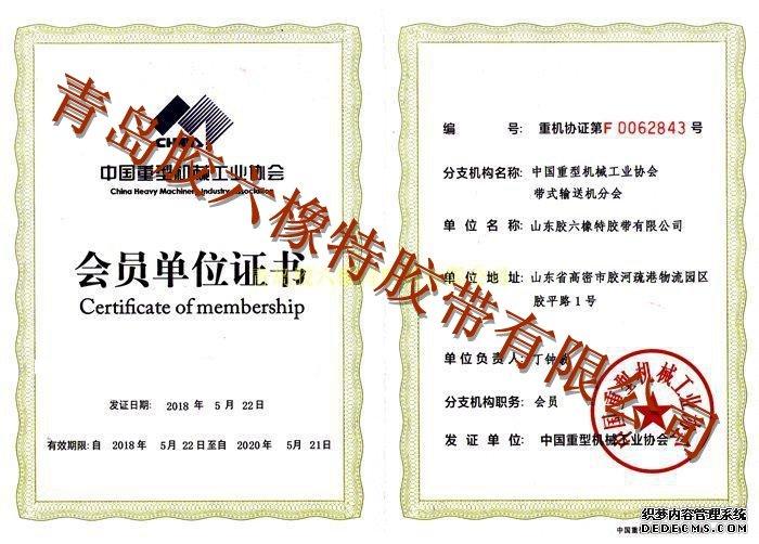 中国重机协会带式输送机分会会员单位证书